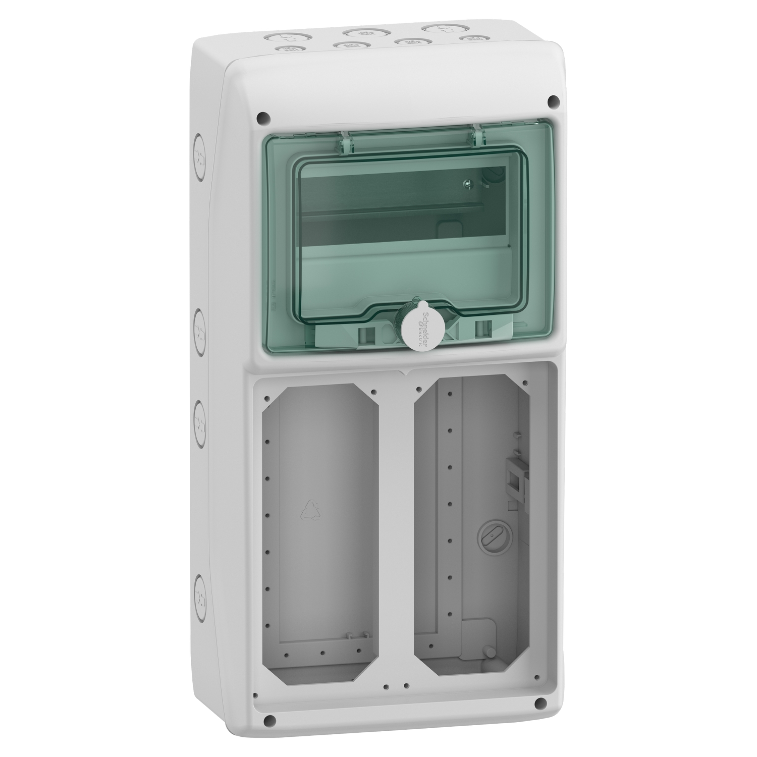 Hermetinis modulinis paskirstymo skydelis Schneider Electric Mureva 13186 virštinkinis 1 eilė 8 moduliai durelės skaidrios IP65 DIN bėgelis, pilkas