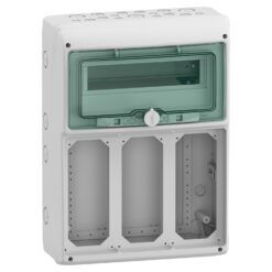 Hermetinis modulinis paskirstymo skydelis Schneider Electric Mureva 13187 virštinkinis montavimas 1 eilė 12 modulių 3 lizdų angos IP65 skaidrios durelės, pilkas