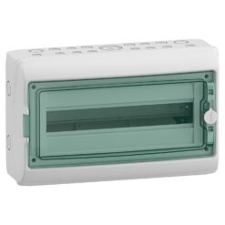 Hermetinis modulinis paskirstymo skydelis Schneider Electric Mureva 13432 1x18 modulių IP65 virštinkinis montavimas skaidrios durelės įžeminimo ir neutralės gnybtų blokai, pilkas