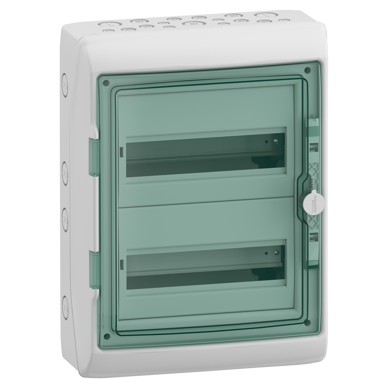 Hermetinis modulinis paskirstymo skydelis Schneider Electric Mureva 13433 2 eilės 12 modulių IP65 virštinkinis montavimas skaidrios durelės, pilkas