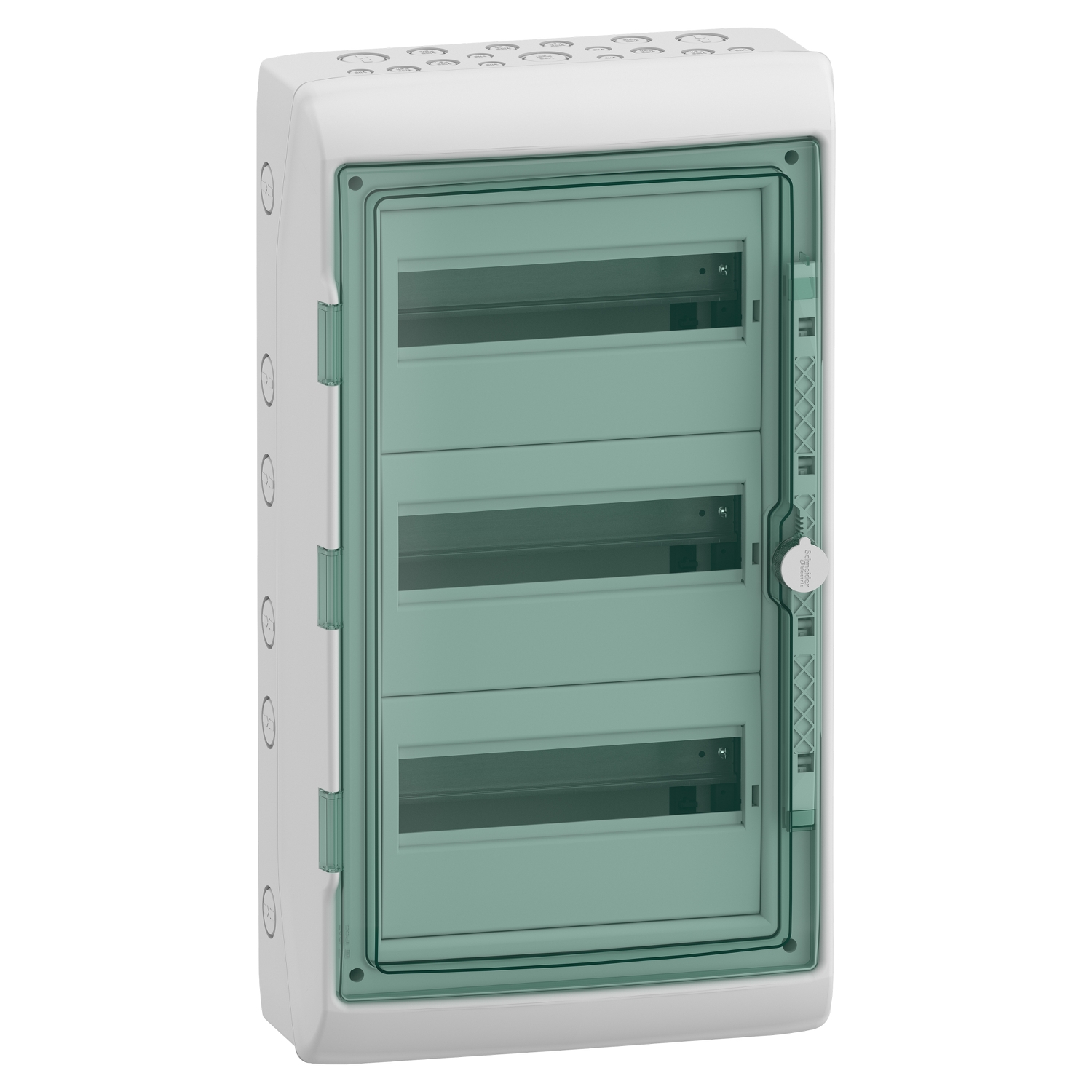 Hermetinis modulinis paskirstymo skydelis Schneider Electric Mureva 13435 3 eilės 12 modulių virštinkinis montavimas skaidrios durelės IP65, pilkas