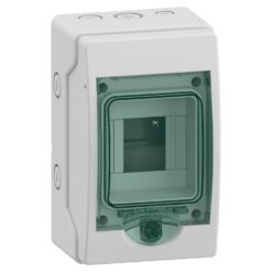 Hermetinis modulinis paskirstymo skydelis Schneider Electric Mureva 13441 virštinkinis montavimas 1 eilė 4 moduliai skaidrios durelės su užraktu IP65, pilkas
