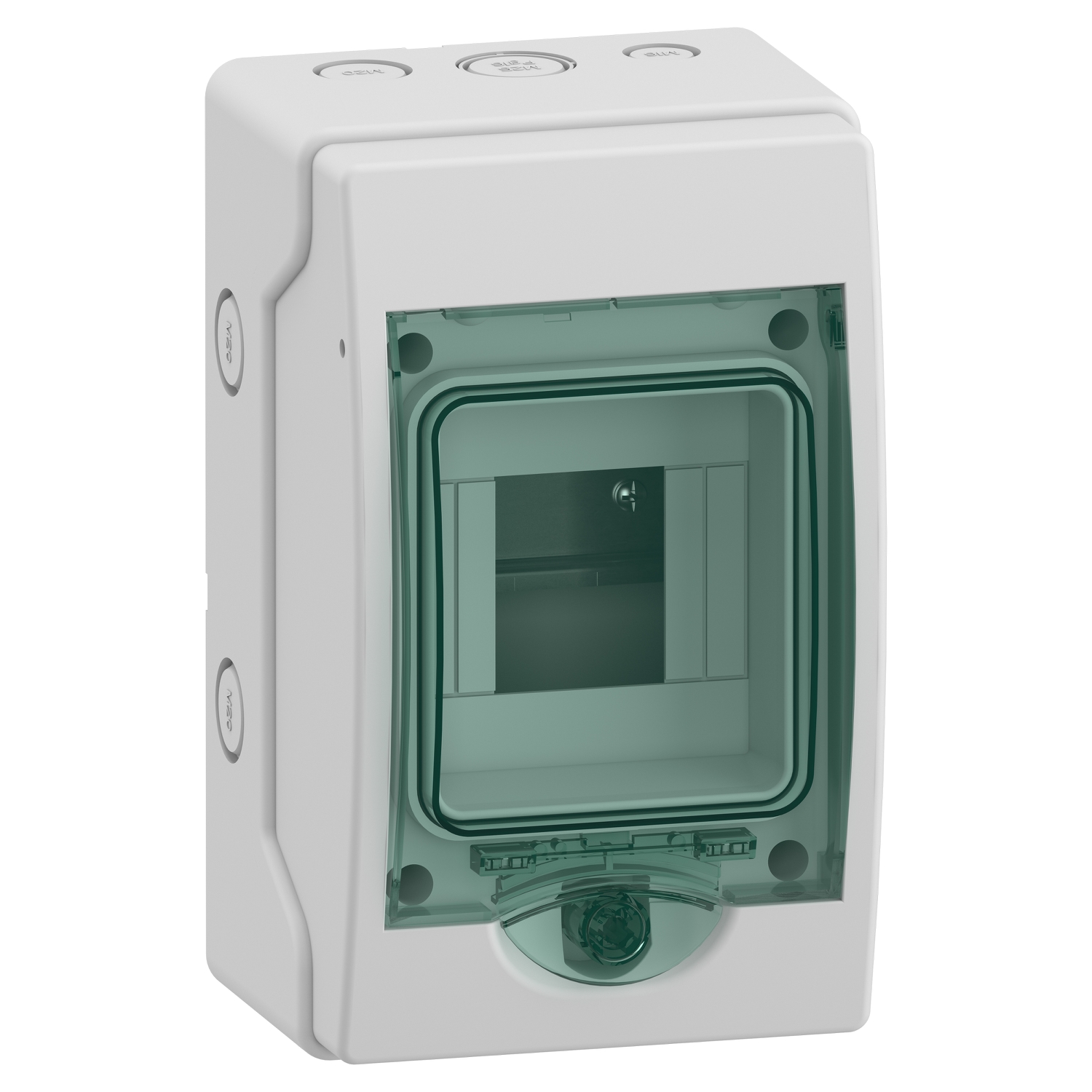 Hermetinis modulinis paskirstymo skydelis Schneider Electric Mureva 13441 virštinkinis montavimas 1 eilė 4 moduliai skaidrios durelės su užraktu IP65, pilkas