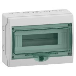 Hermetinis modulinis paskirstymo skydelis Schneider Electric Mureva 13444 1x12 modulių IP65 virštinkinis montavimas skaidrios durelės įžeminimo ir neutralės gnybtų blokas, pilkas