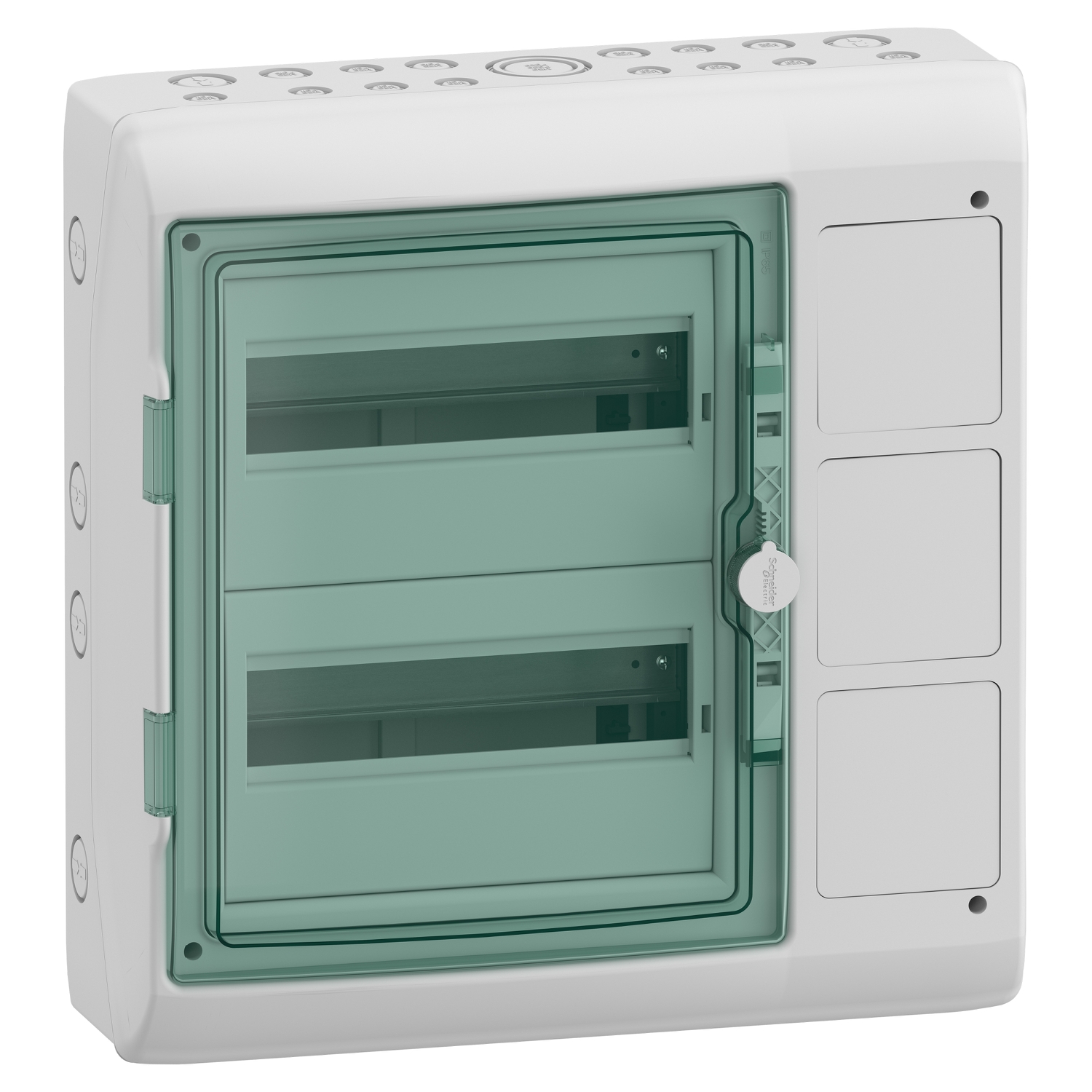 Modulinis paskirstymo skydelis Schneider Electric Mureva 13991 18 modulių 2 eilės IP65 virštinkinis montavimas skaidrios durelės, pilkas